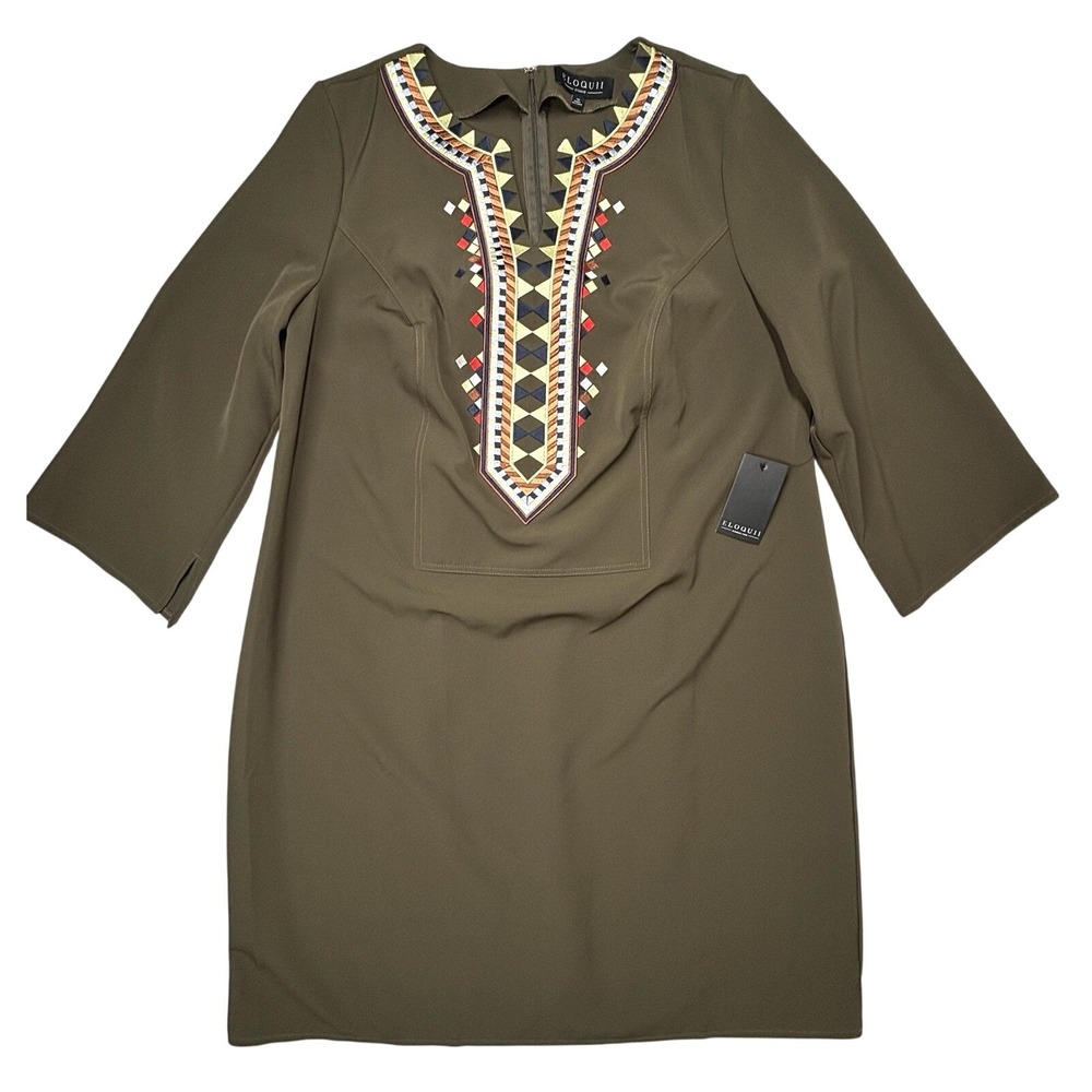 NWT Eloquii Shift Dress Applique V Neck Embroidered Womens 14 Green Career Boho